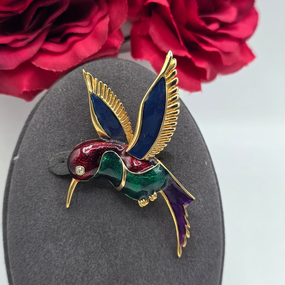 Vintage‎ Style Enamel Hummingbird Brooch Gold Tone Multicolor Bird Pin Unique